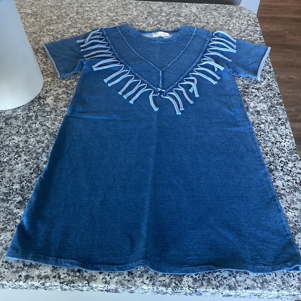 MAE LI ROSE fringed denim look dress